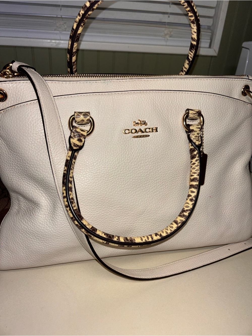 Coach White Pebbled Leather Satchel with Leopard-Trim Handles EUC